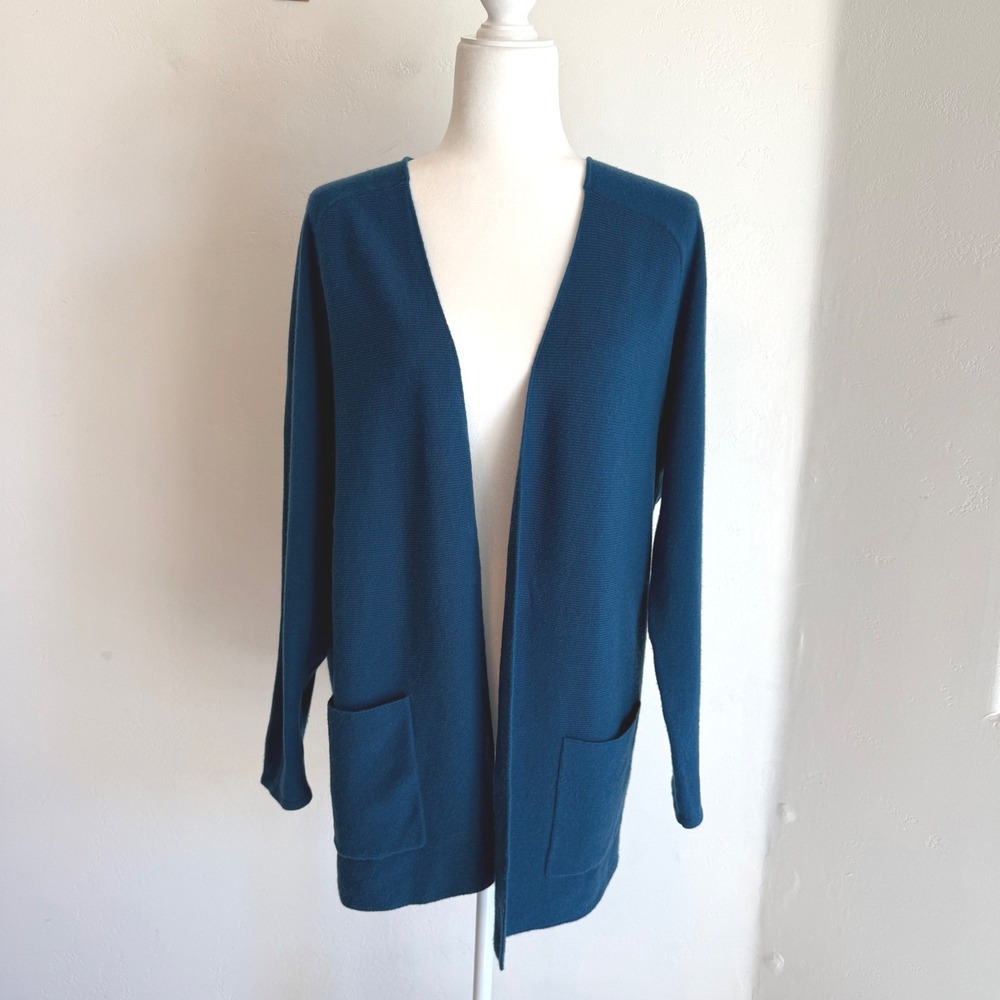 J. Jill 100% Cashmere Open Front Cardigan Sweater Teal Blue Minimalist Luxury M